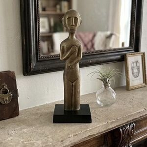 Modern Bronze Abstract Human Figurine Sm Resin Wood Base Tabletop Statue Decor